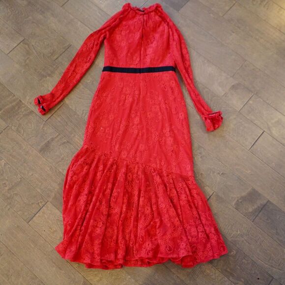 Romantic Three Floor Split Tease Cutout Long Sleeve Floral Lace Maxi Dress Red 8 - Picture 4 of 16